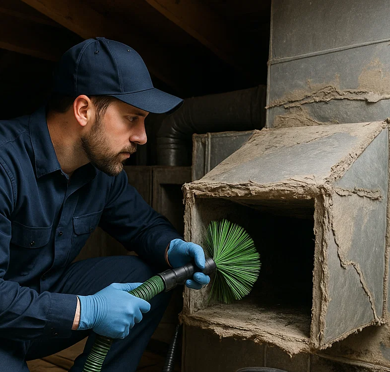 Technician inspecting and cleaning damaged air ducts in a Webster TX home to remove blockages and improve airflow